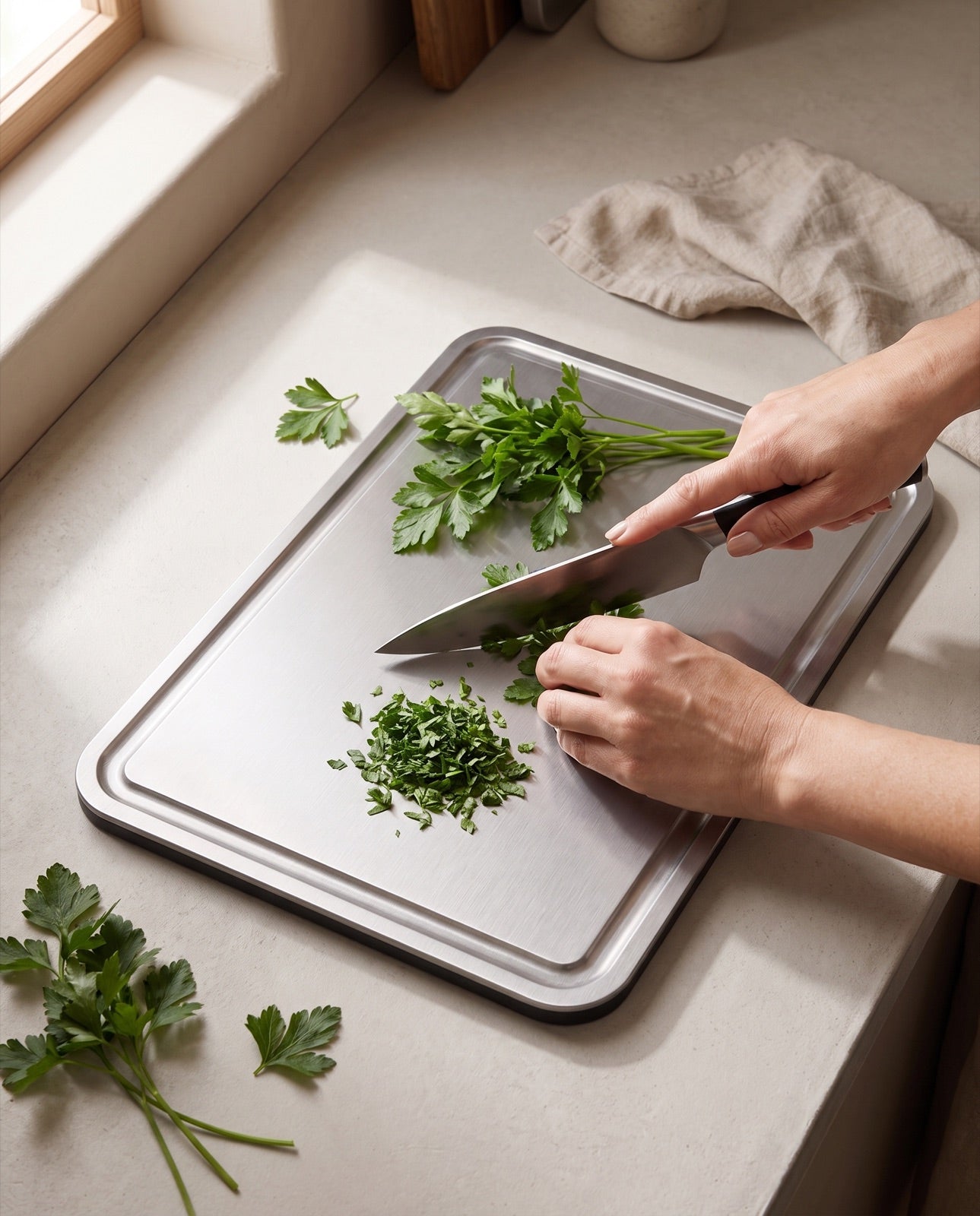 Chopping herbs on the titanium cutting board
